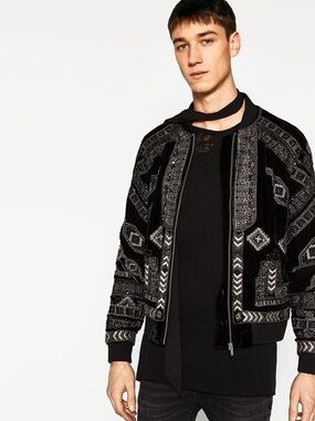 Black Embroidered Beaded Bomber Jacket - Men's